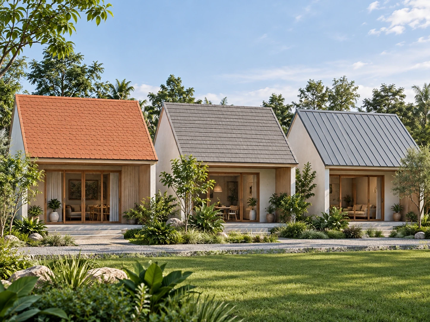 01 สามบ้าน สามหลังคา Three Roofs บ้านรูปทรงใกล้กันมุงกระเบื้องดินเผา กระเบื้องคอนกรีต และ เมทัลชีท ช่วยให้เห็นความต่างของเส้นสาย ผิว และสีหลังคา