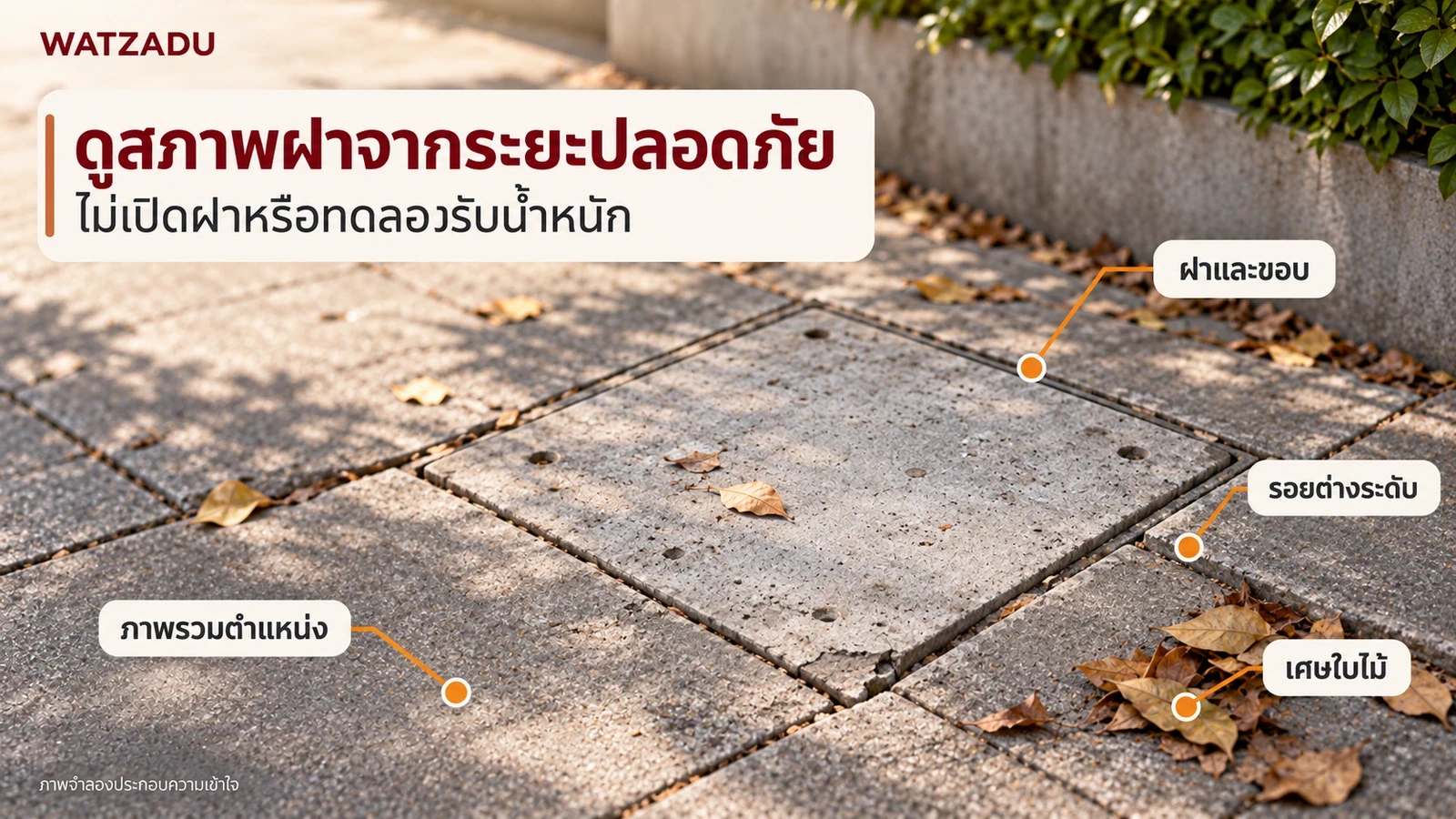 ดูสภาพฝาจากระยะปลอดภัย — ไม่เปิดฝาหรือทดลองรับน้ำหนัก