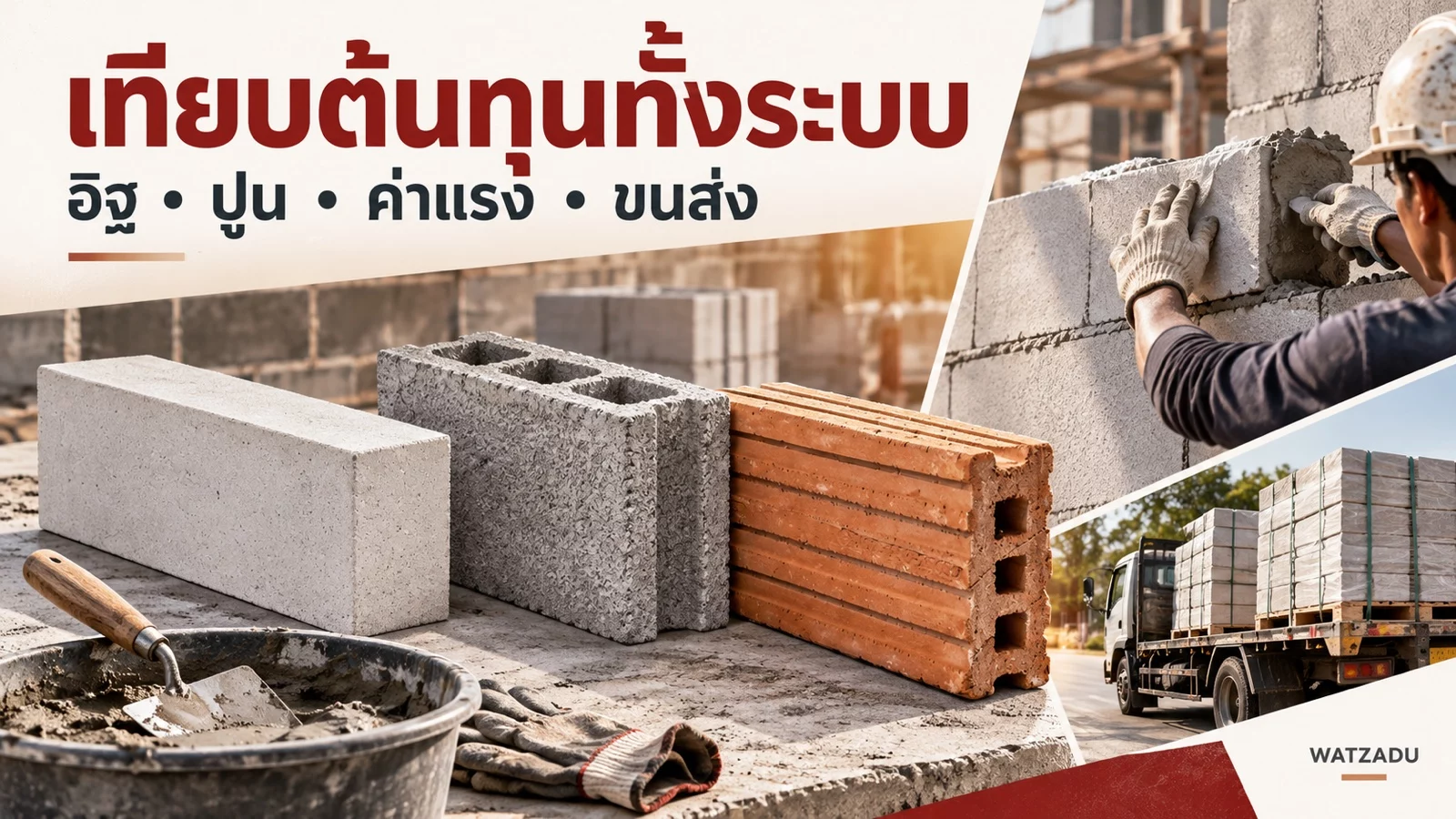 เทียบต้นทุนทั้งระบบ — อิฐ • ปูน • ค่าแรง • ขนส่ง