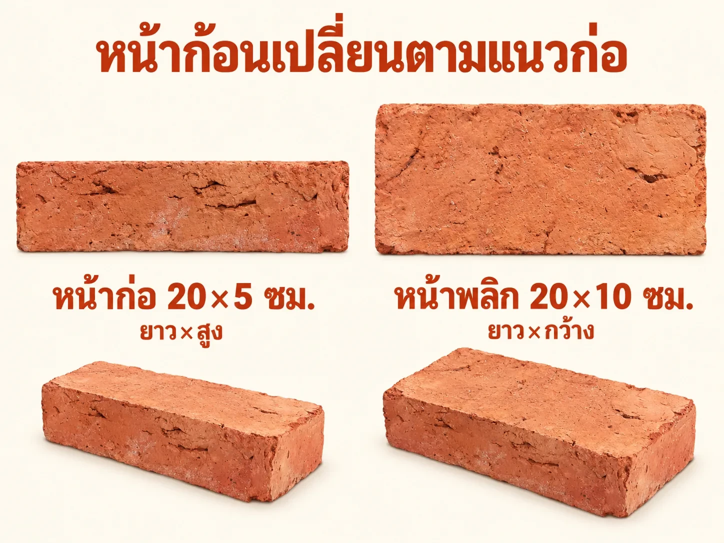 หน้าก่ออิฐโบราณ 4×8 ยาว×สูง20×5ซม. เทียบหน้าพลิกยาว×กว้าง20×10ซม.