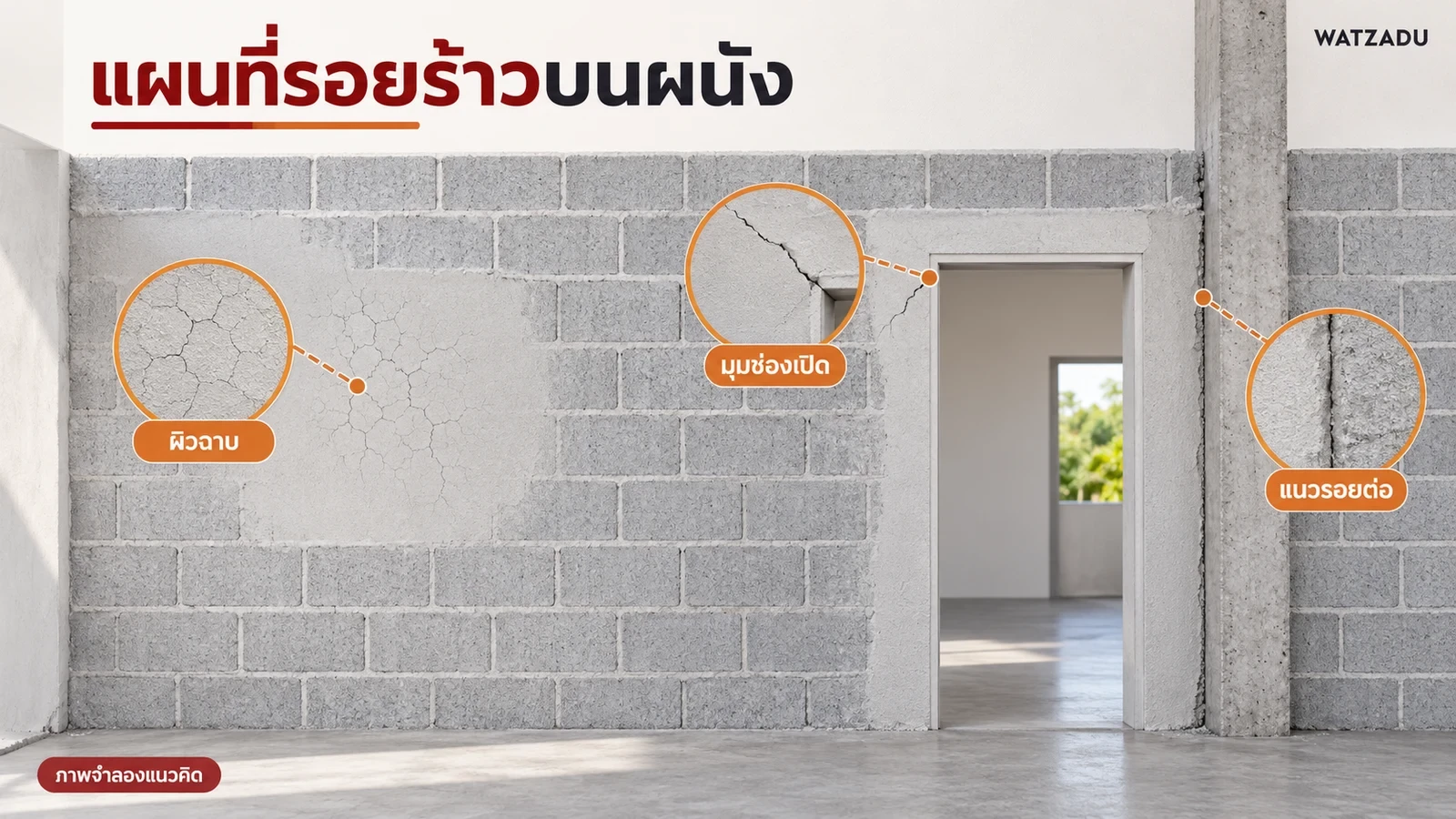 ตัวอย่างตำแหน่งรอยบนผิวฉาบ แนวรอยต่อและมุมช่องเปิด ไม่ใช้วินิจฉัยความปลอดภัย