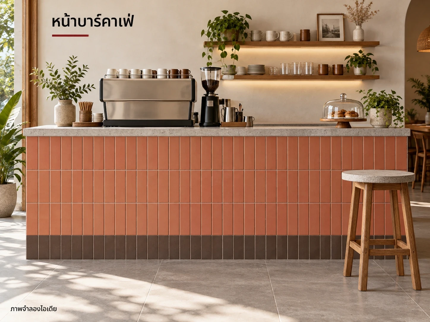 หน้าบาร์คาเฟ่ — หน้าบาร์ไลท์เรดกับช็อคโกแลต 6×24 ซม. ใช้ท็อปเรียบสำหรับชงเครื่องดื่มและซ่อนรอยจบกระเบื้องใต้ขอบท็อป