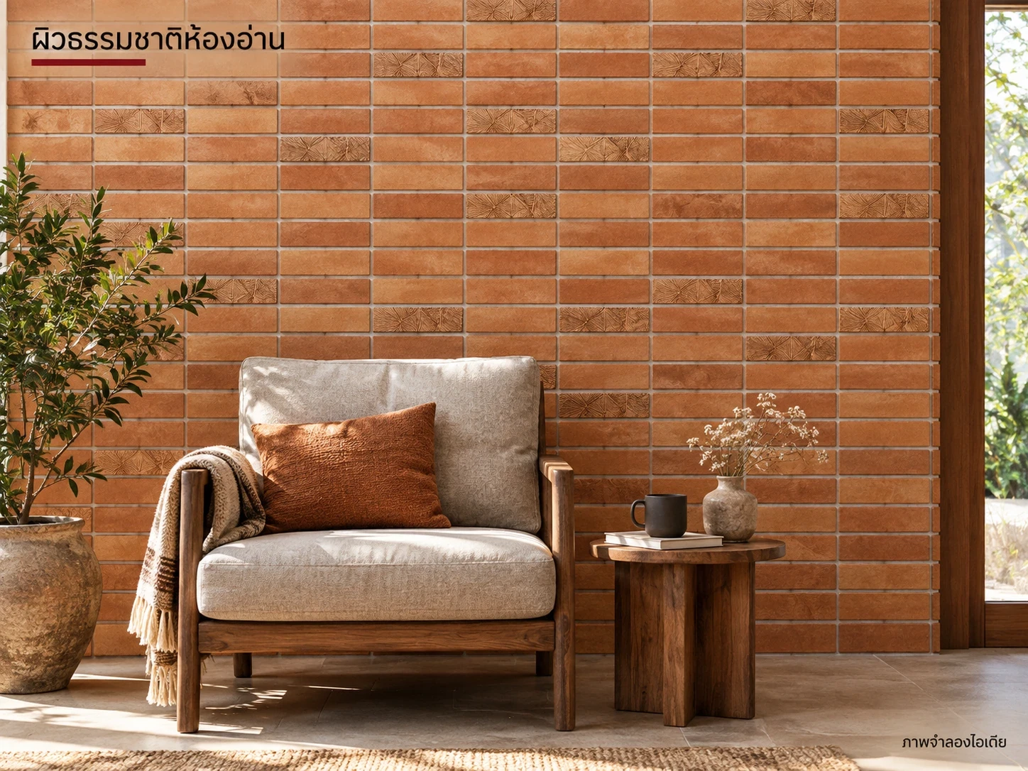 ผิวธรรมชาติห้องอ่าน — ลายธรรมชาติกับลายเส้น6×20 ซม. วางลายเส้นเป็นจุดแทรกในผนังหลัก ได้พื้นผิวอบอุ่นและไม่แน่นทั้งห้อง