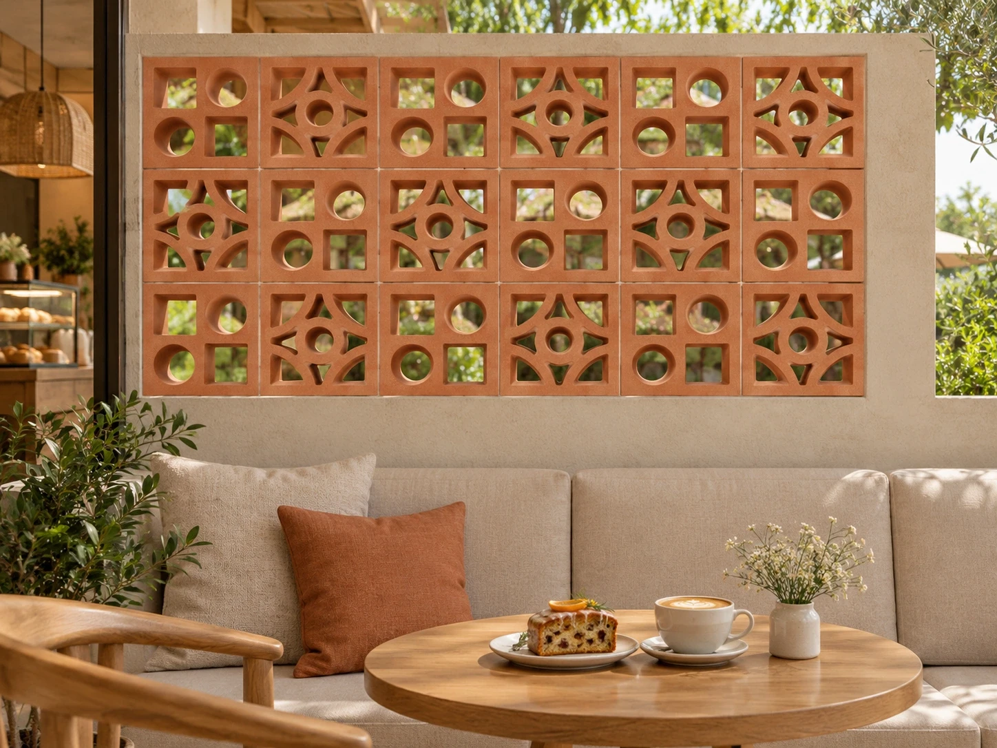 มุมคาเฟ่มุมเบเกอรี ใช้อิฐแดงช่องลมลายคิวบิกและบับเบิล ขนาด22×22×6.5ซม. สลับคิวบิกกับบับเบิลเป็นตารางหมากรุก