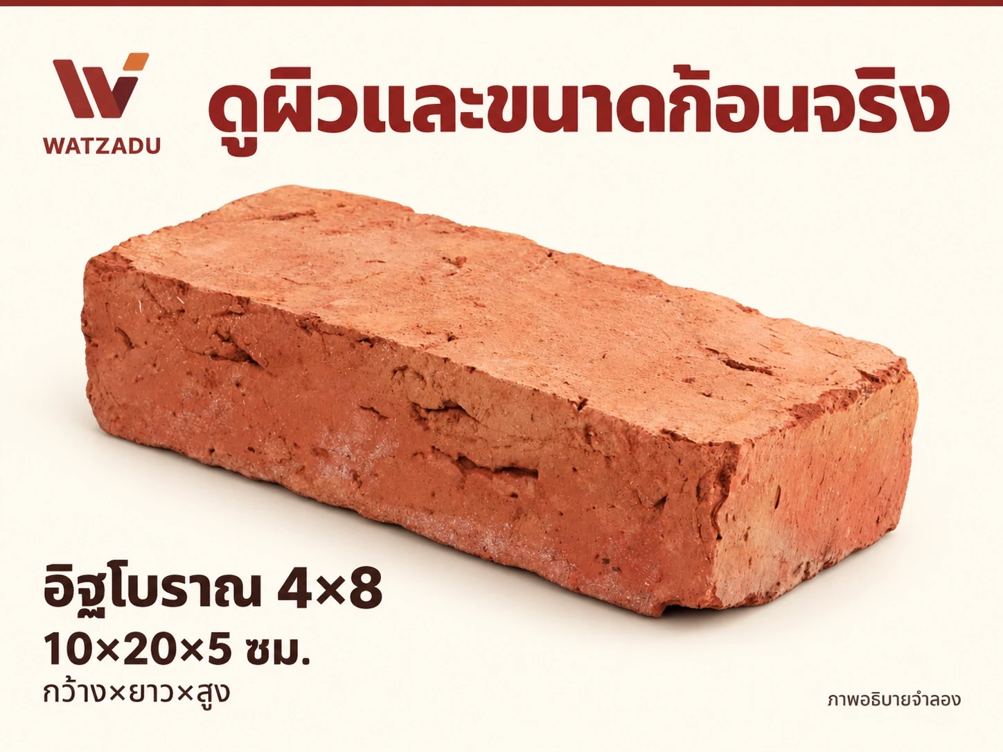 ภาพจำลองพร้อมข้อความ ดูผิวและขนาดก้อนจริง — อิฐโบราณ 4×8