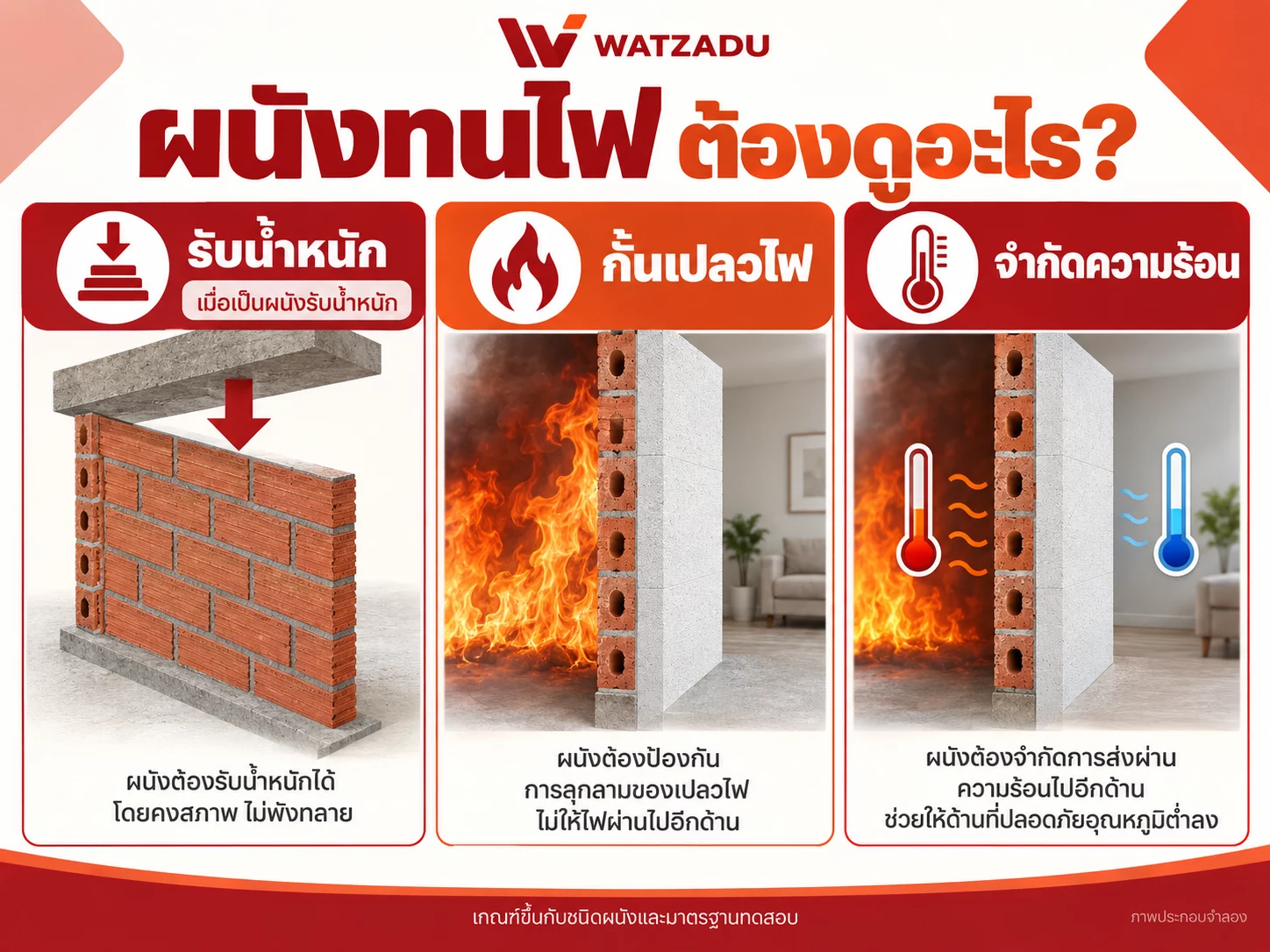 เกณฑ์พิจารณาผนังทนไฟ ได้แก่ รับน้ำหนักเมื่อเป็นผนังรับน้ำหนัก กั้นเปลวไฟ และจำกัดการส่งผ่านความร้อน