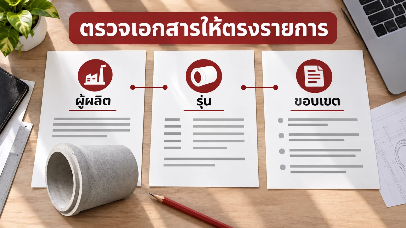 ภาพจำลองสามส่วนตรวจเอกสาร ผู้ผลิต รุ่น และขอบเขต