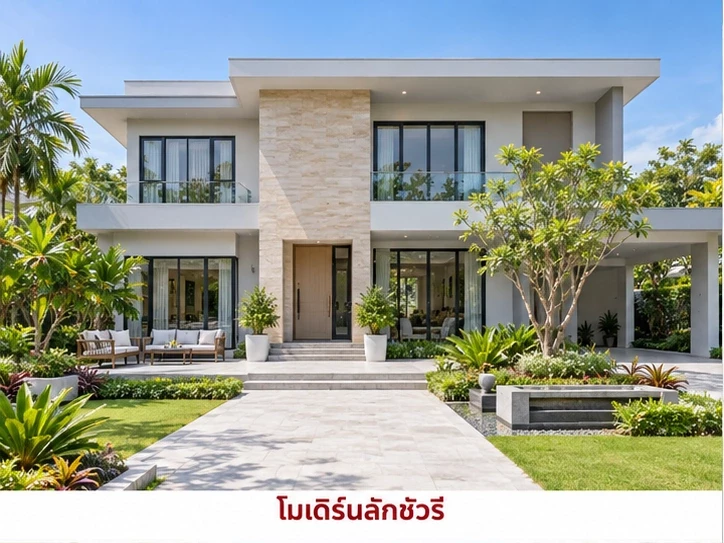 ภาพไอเดียจำลองบ้านสไตล์โมเดิร์นลักชัวรีพร้อมสวน