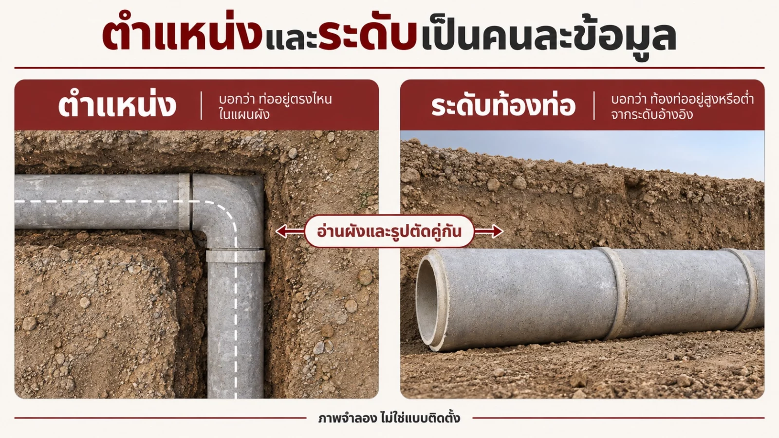 ภาพจำลองเทียบตำแหน่งท่อในผังกับระดับท้องท่อ