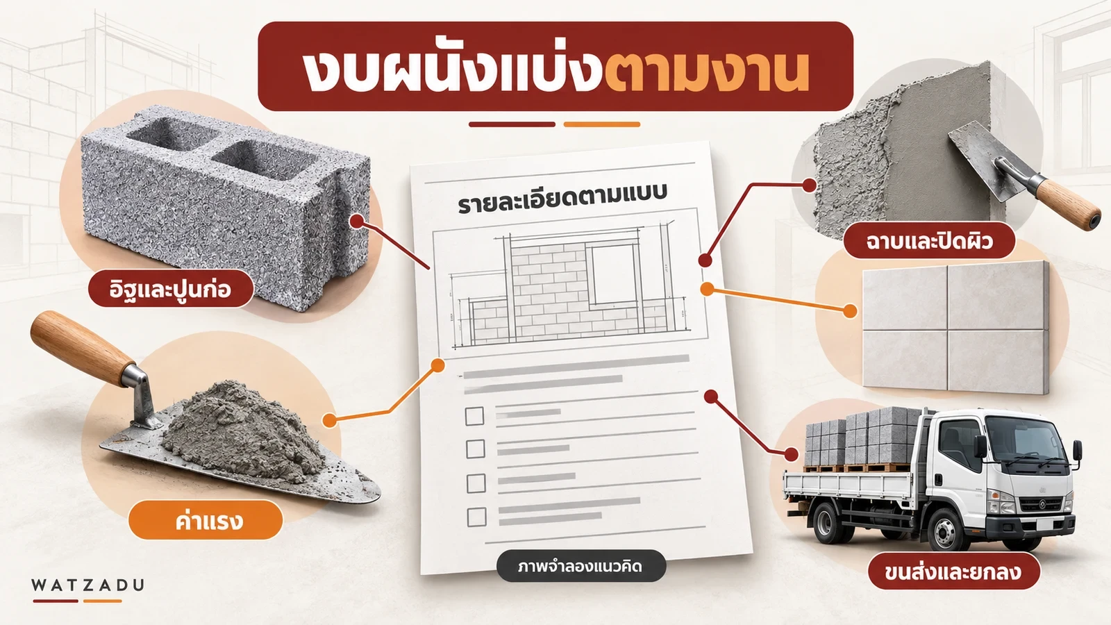 แยกอิฐและปูนก่อ รายละเอียดตามแบบ งานฉาบและปิดผิว ค่าแรงและขนส่ง