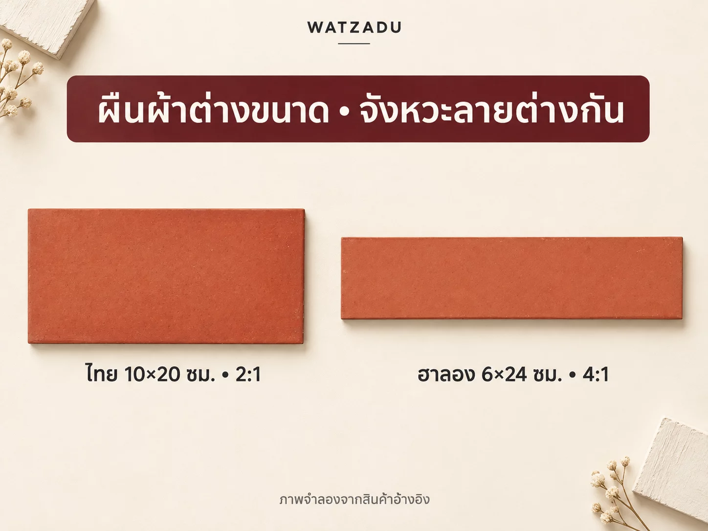 ภาพจำลองเทียบหน้าแผ่นไทย 10×20 ซม. อัตราส่วน 2:1 กับฮาลอง 6×24 ซม. อัตราส่วน 4:1 ใช้ดูสัดส่วนก่อนเลือกลายปู