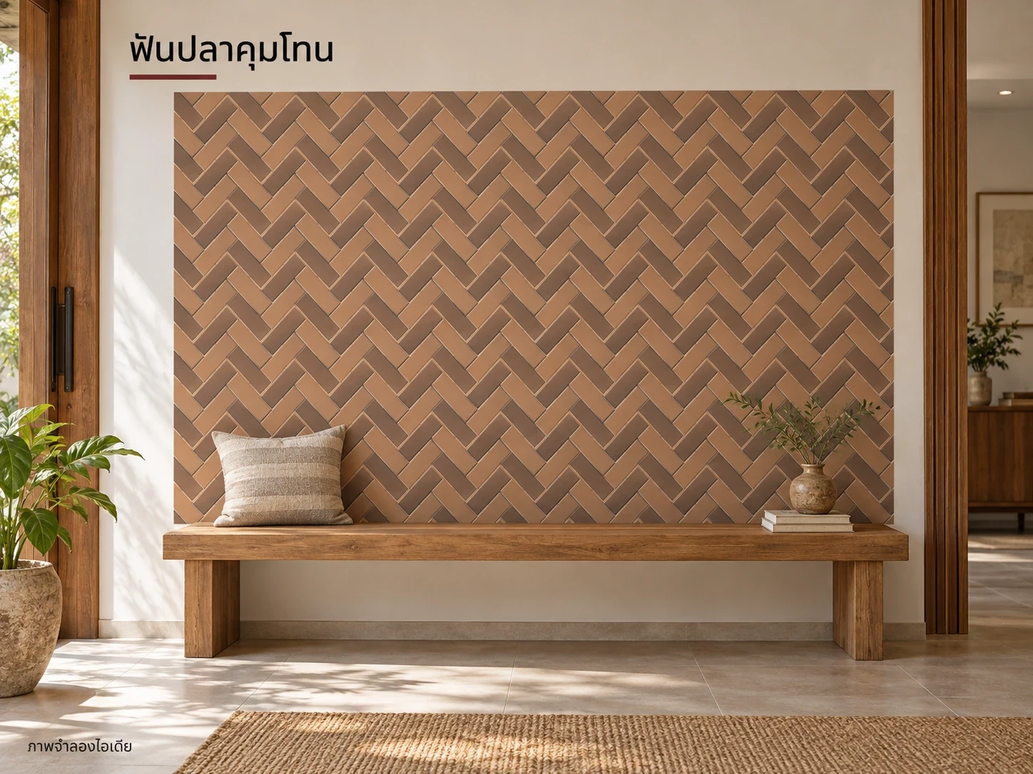 ฟันปลาคุมโทน — คาปูชิโน่กับช็อคโกแลต 6×24 ซม. ผสมในลายฟันปลา เหมาะเป็นผนังเด่นหนึ่งด้าน ใช้แผ่นเต็มและเผื่อชิ้นตัดริมผนัง