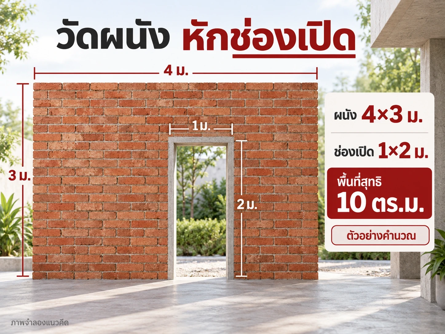 ตัวอย่างผนัง 4×3 เมตร หักช่องเปิด 1×2 เมตร เหลือ 10 ตร.ม. ใช้สาธิตวิธีคิด ไม่ใช่แบบก่อสร้าง