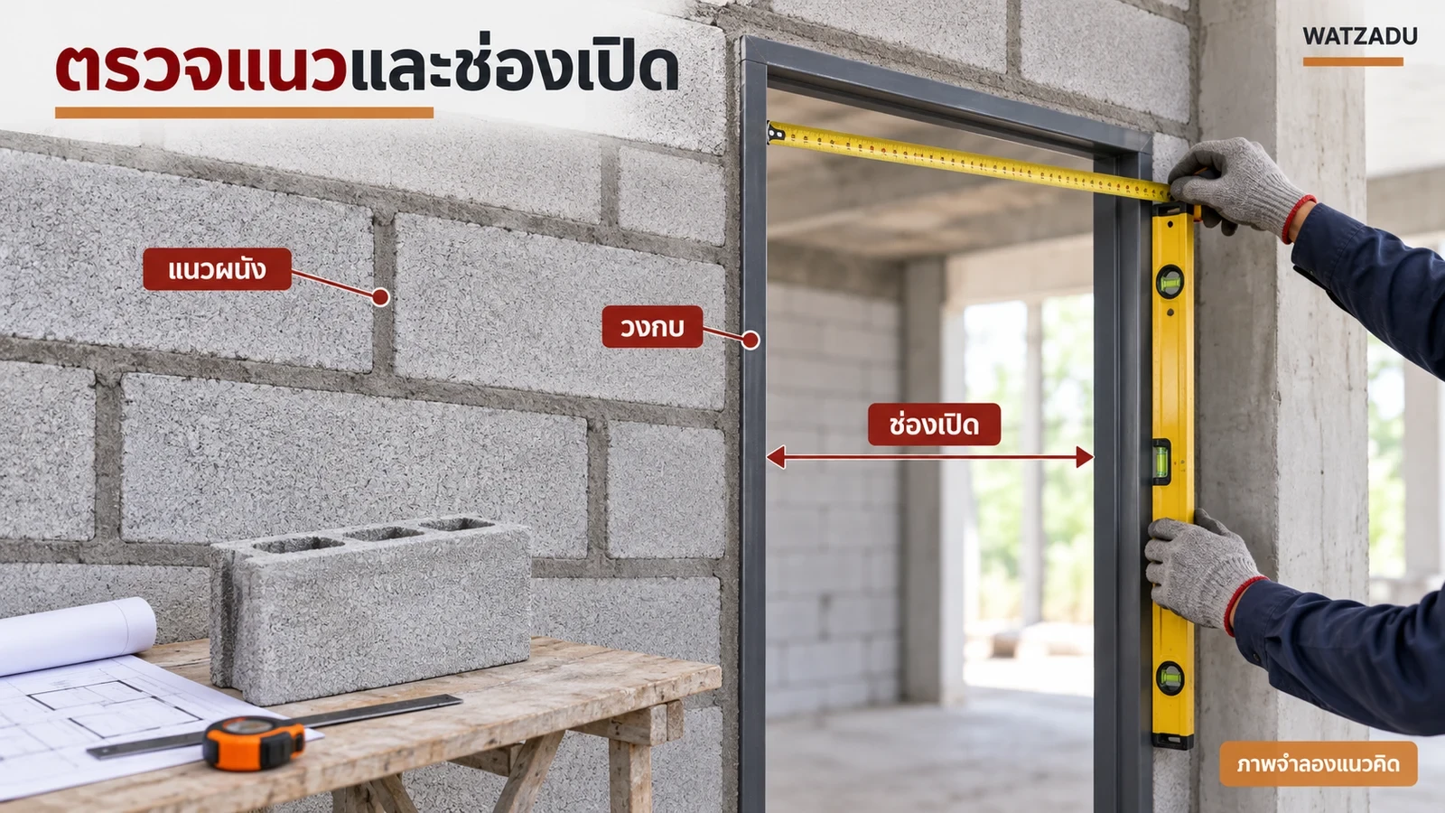 ตรวจแนวผนังและขนาดช่องเปิดจากแบบก่อนเลือกวงกบ