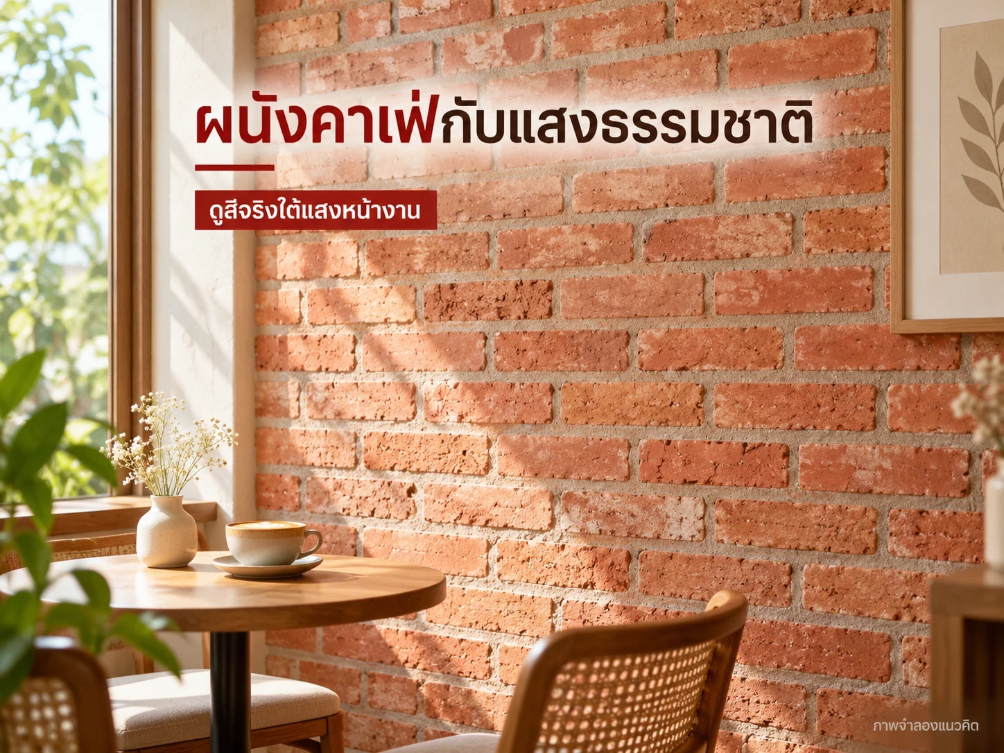 ภาพจำลองคาเฟ่กับผนังอิฐโบราณหน้าแคบ แสงด้านข้างช่วยเห็นผิวและรอยต่อ ไม่ใช่ผลงานติดตั้งจริง