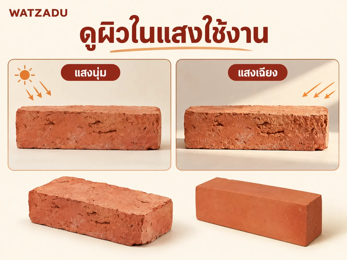 ภาพจำลองผิวอิฐโบราณ 4×8 ในแสงนุ่มและแสงเฉียง
