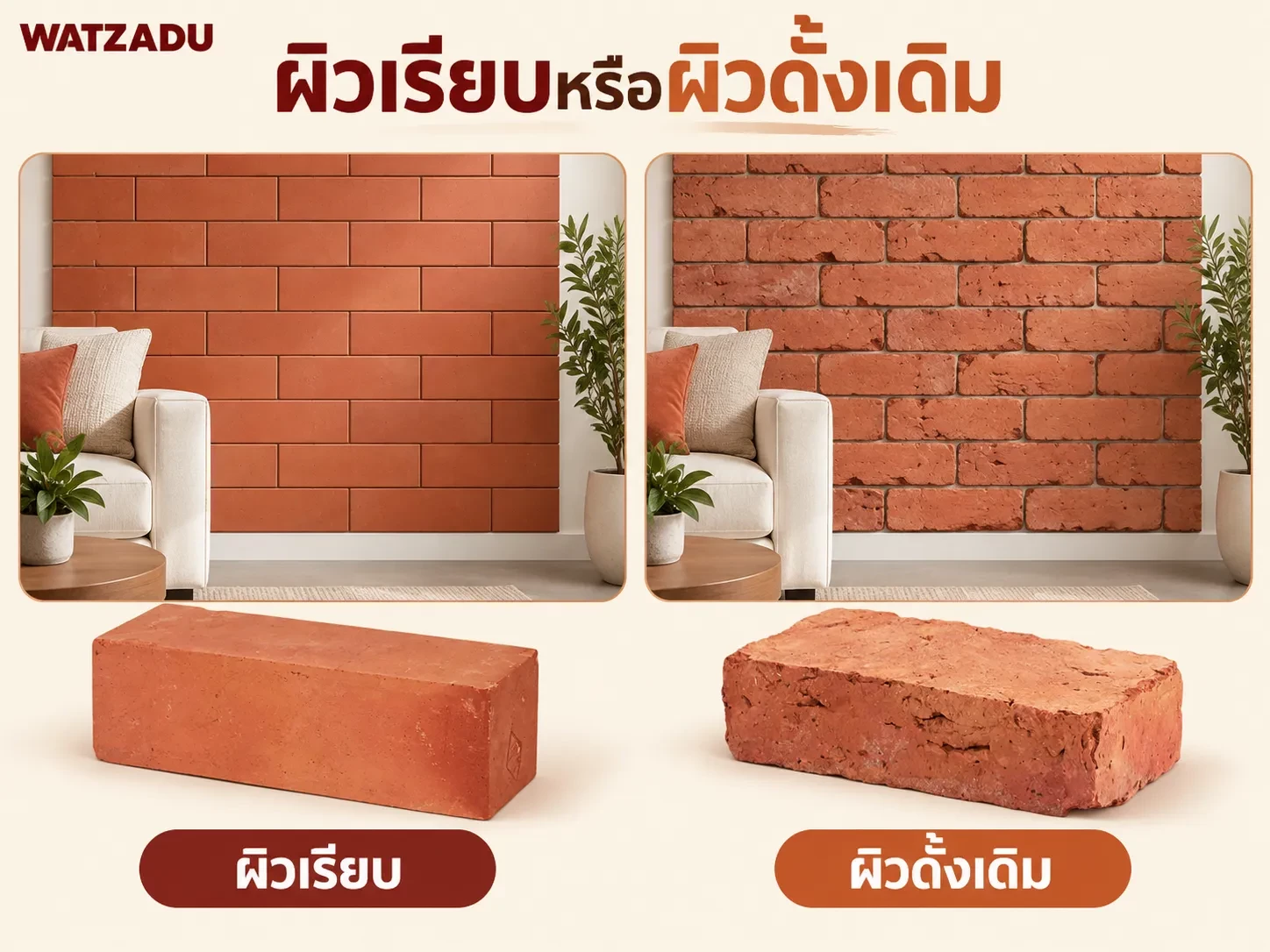 ภาพจำลองผนังภายในผิวเรียบและผิวดั้งเดิม