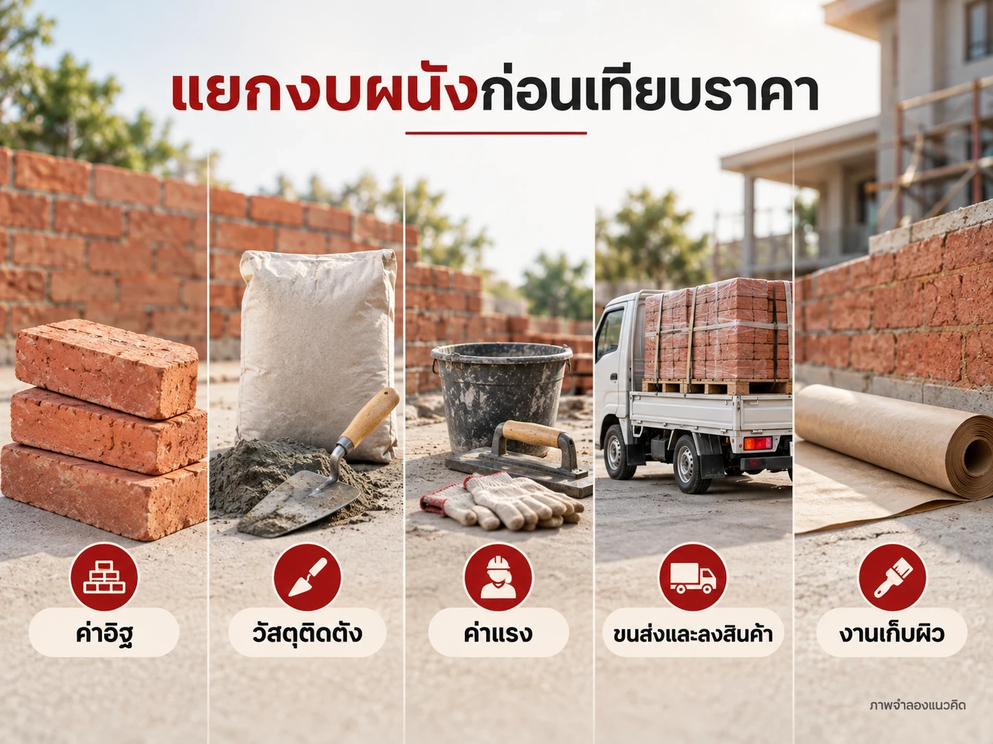 ค่าอิฐเป็นเพียงส่วนหนึ่งของงบผนัง ภาพช่วยจัดหมวดค่าใช้จ่าย ไม่มีตัวเลขราคาสมมติ