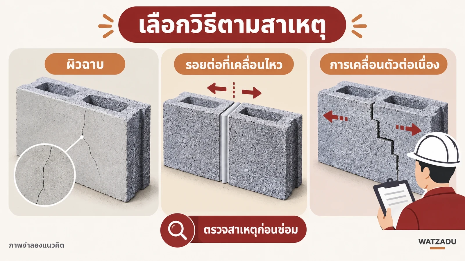 แยกงานผิวฉาบ รอยต่อที่เคลื่อนไหวและการเคลื่อนตัวต่อเนื่องก่อนซ่อม