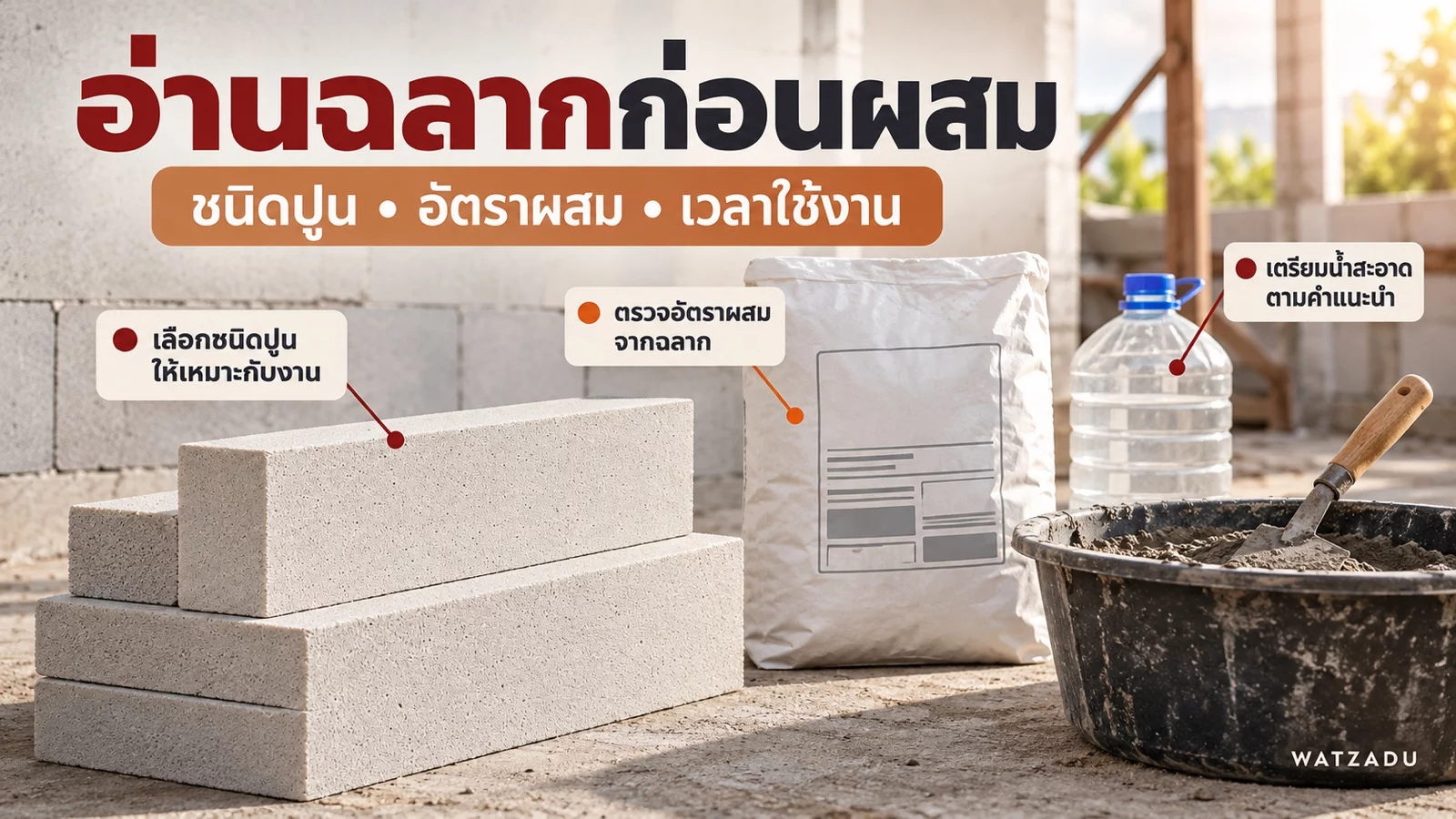อ่านฉลากก่อนผสม — ชนิดปูน • อัตราผสม • เวลาใช้งาน
