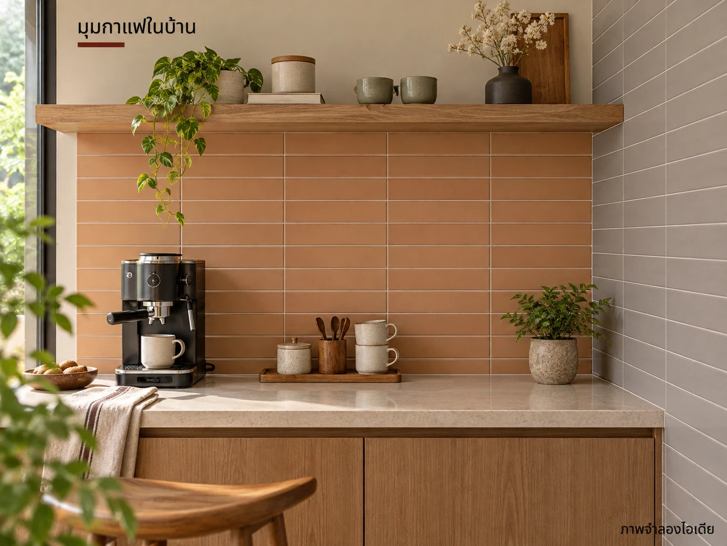 มุมกาแฟในบ้าน — คาปูชิโน่กับเกรย์ 6×24 ซม. แบ่งผนังหลังและข้างมุมกาแฟ เลือกยาแนวที่ทำความสะอาดคราบเครื่องดื่มได้เหมาะสม