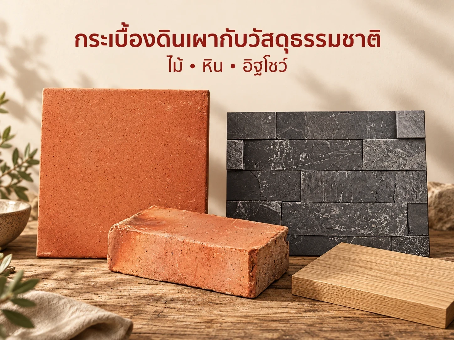 กระเบื้องดินเผากับไม้ หิน และอิฐโชว์ แนวทางจัดวัสดุสำหรับบ้านและคาเฟ่