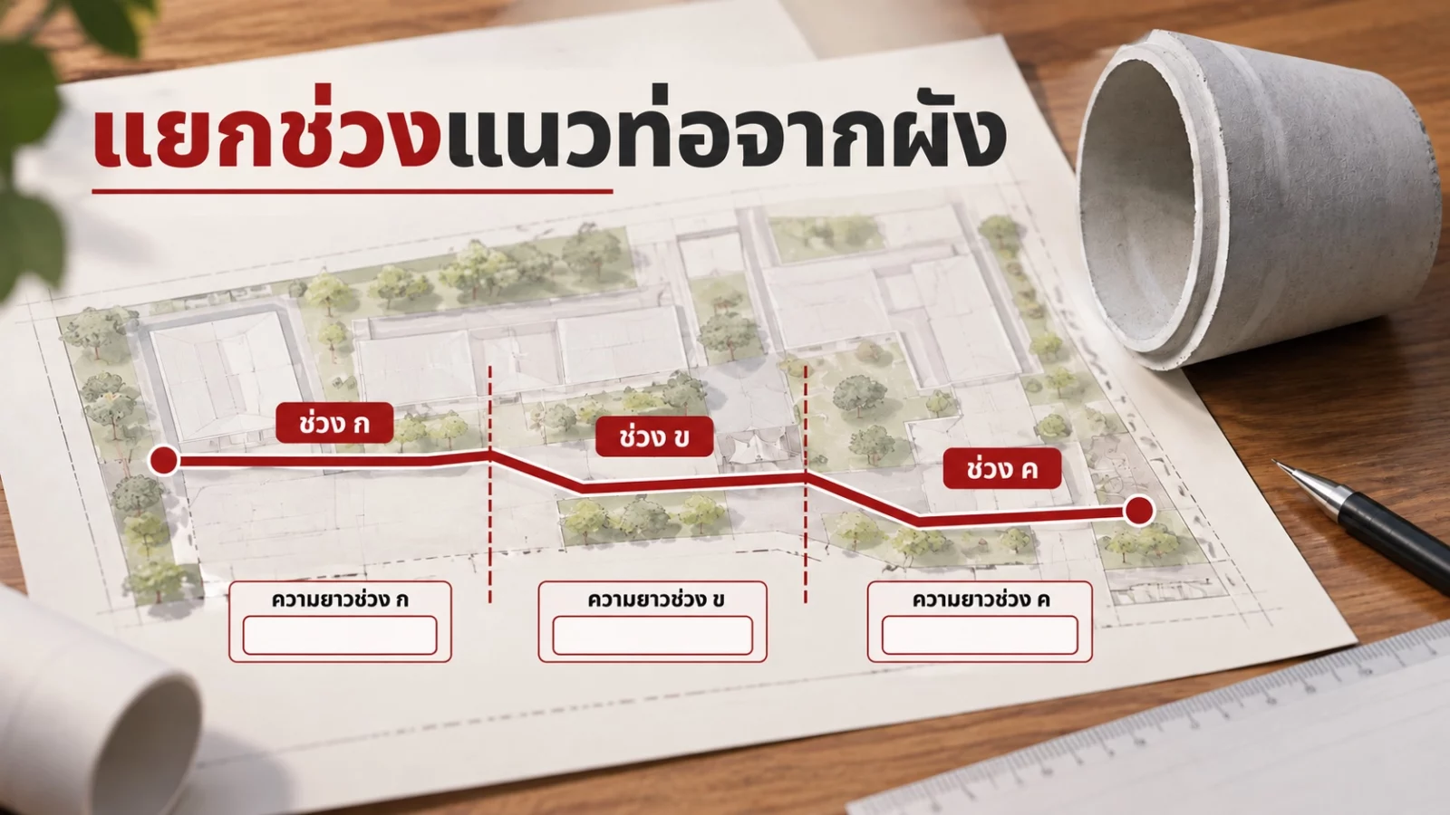 ภาพจำลองแบ่งแนวท่อเป็นช่วง ก ข และ ค