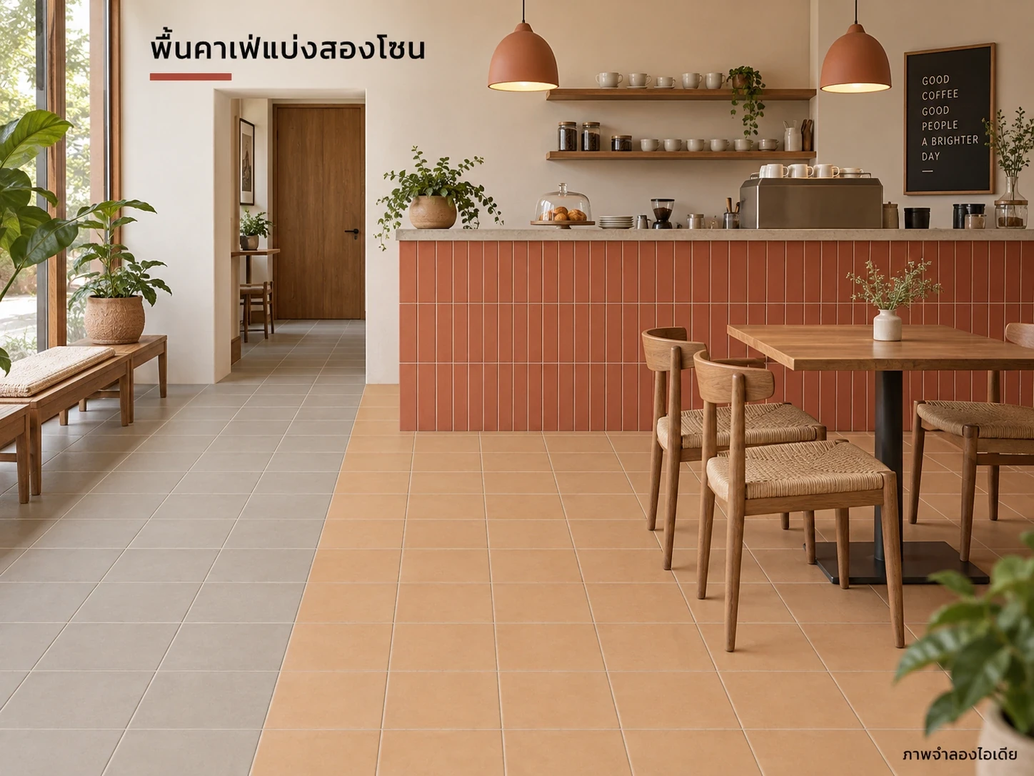 พื้นคาเฟ่แบ่งสองโซน — เกรย์กับคาปูชิโน่30×30 ซม. แบ่งทางเดินและที่นั่ง คู่หน้าบาร์ไลท์เรด6×24 ซม. สรุปจำนวนแยกสีและแยกพื้นที่ให้ใบขอราคาชัด