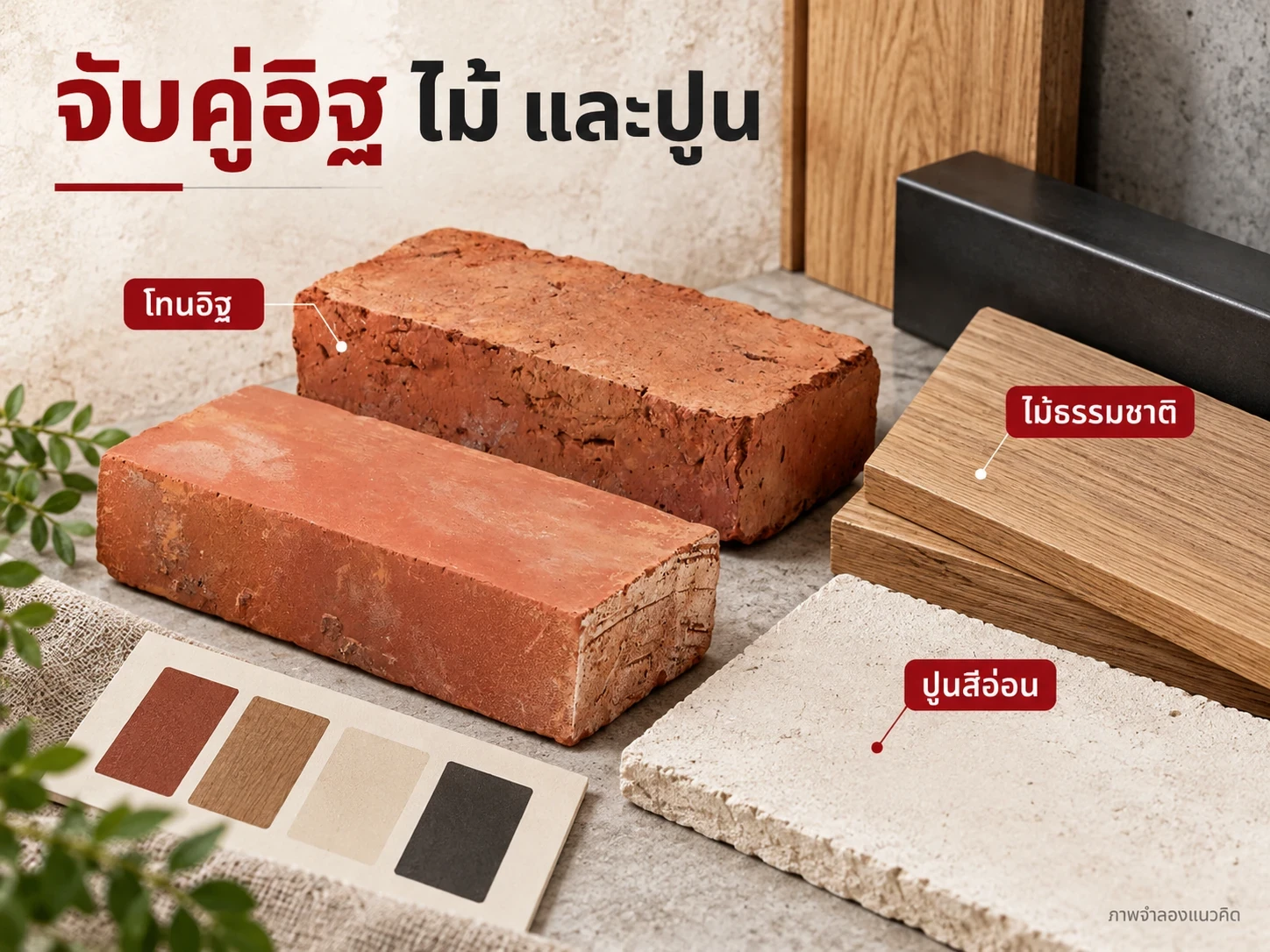 ชุดวัสดุจำลองสำหรับทดลองโทนอิฐ ไม้ ปูนสีอ่อน เหล็ก และผ้า ต้องเทียบตัวอย่างจริงร่วมกัน