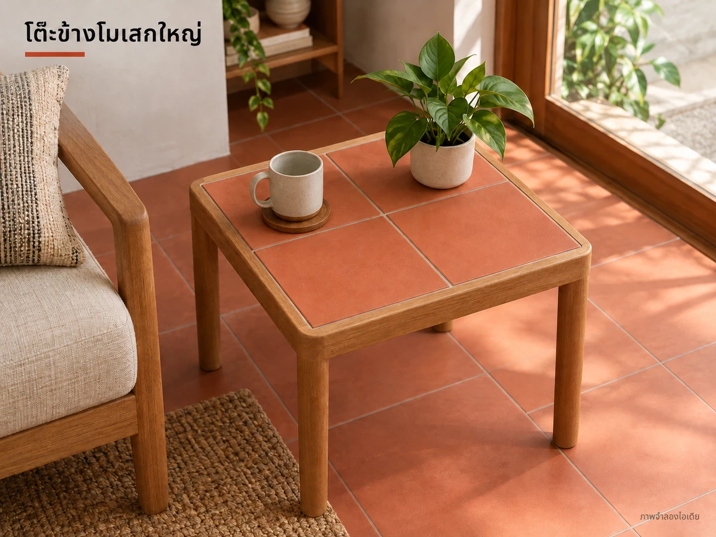 โต๊ะข้างโมเสกใหญ่ — ไลท์เรด15×15 ซม. บนโต๊ะข้าง คู่พื้น30×30 ซม. ทำกรอบท็อปเก็บขอบและยาแนวที่รับคราบได้ ทดลองเช็ดทำความสะอาดก่อนใช้งาน