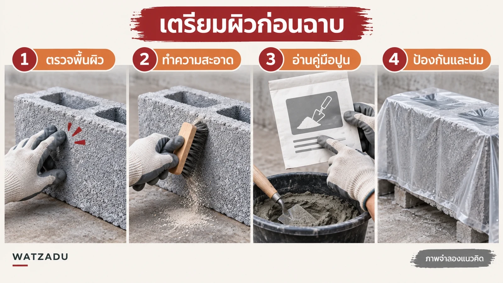 ตรวจผิว ทำความสะอาด อ่านคู่มือปูน และป้องกันงานระหว่างบ่ม