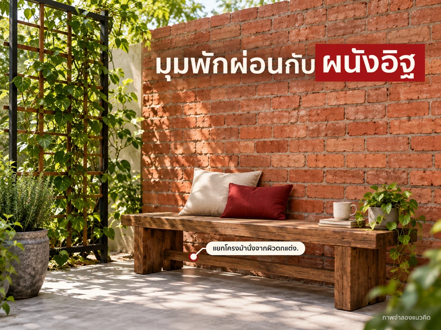 ม้านั่งและโครงต้นไม้ในภาพจำลองอยู่แยกจากผนังอิฐ เพื่อไม่ใช้ภาพตกแต่งอ้างความสามารถรับน้ำหนัก