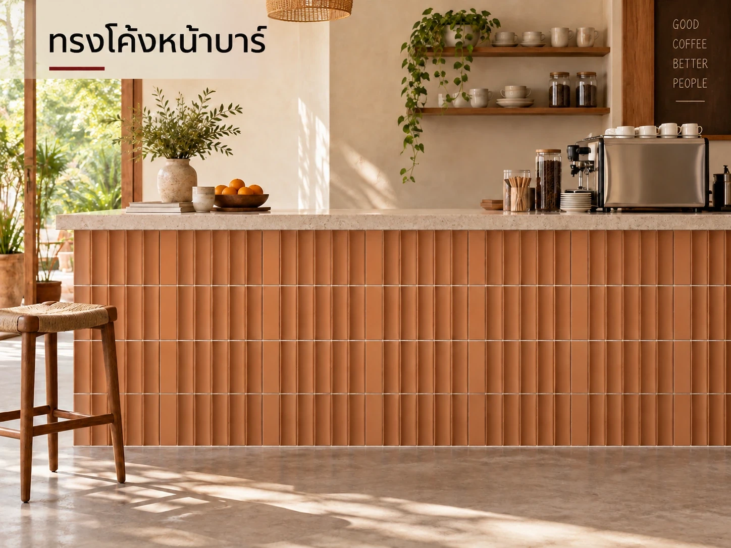 ทรงโค้งหน้าบาร์ — ทรงโค้ง5.3×21 ซม. คู่ลายเรียบ5.3×21 ซม. สร้างหน้าบาร์เป็นจังหวะเว้า ตรวจความหนา1ซม.กับ0.8ซม.และปรับชั้นกาวก่อนเก็บระดับขอบ