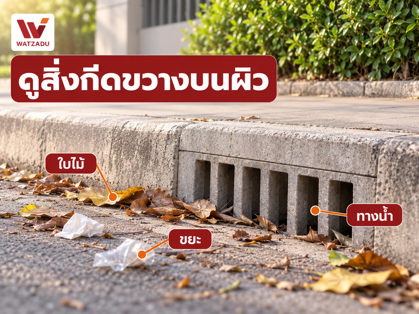 ดูสิ่งกีดขวางบนผิว — ใบไม้ · ขยะ · ทางน้ำ