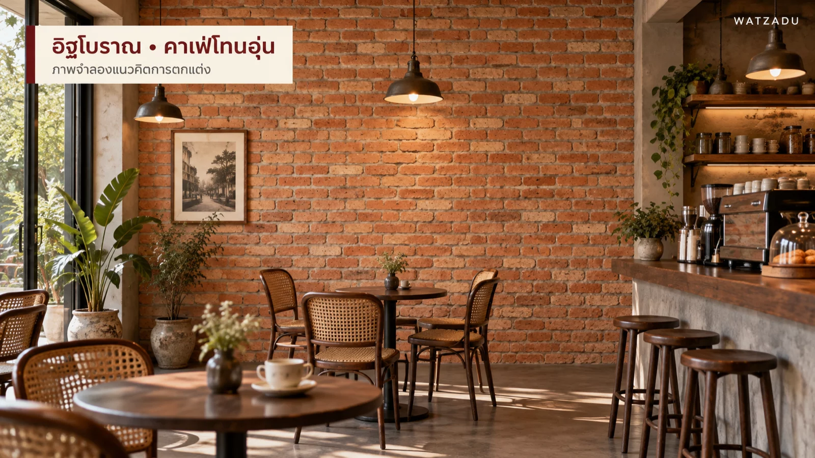 ภาพจำลองคาเฟ่โทนอุ่นผนังอิฐโบราณกับเคาน์เตอร์กาแฟและโต๊ะหวาย