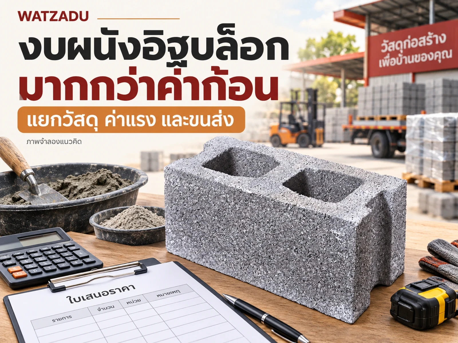 งบผนังอิฐบล็อก แยกก้อน ปูน ฉาบ ค่าแรง และขนส่ง