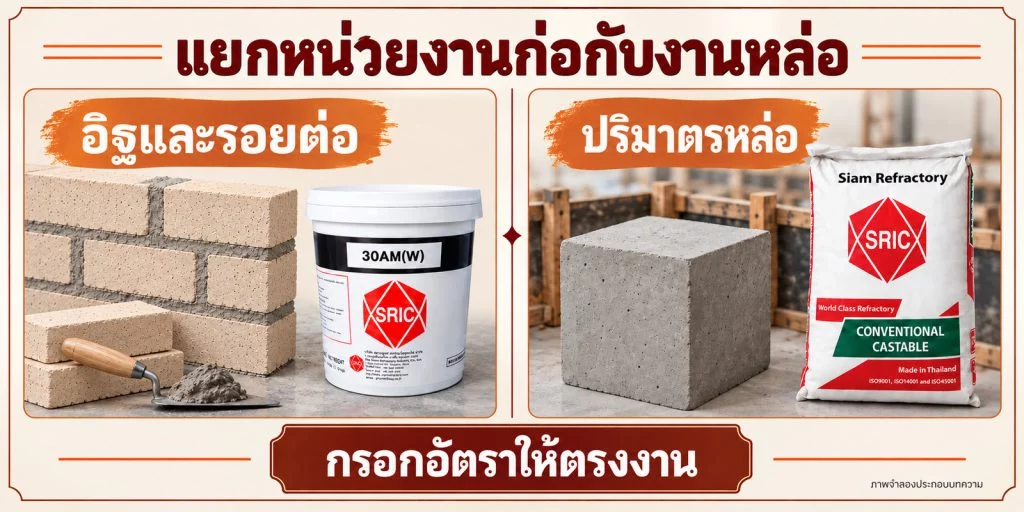 ภาพแยกฐานอิฐและรอยต่อกับปริมาตรหล่อ ภาชนะไม่ได้แทนปริมาณหนึ่งหน่วย