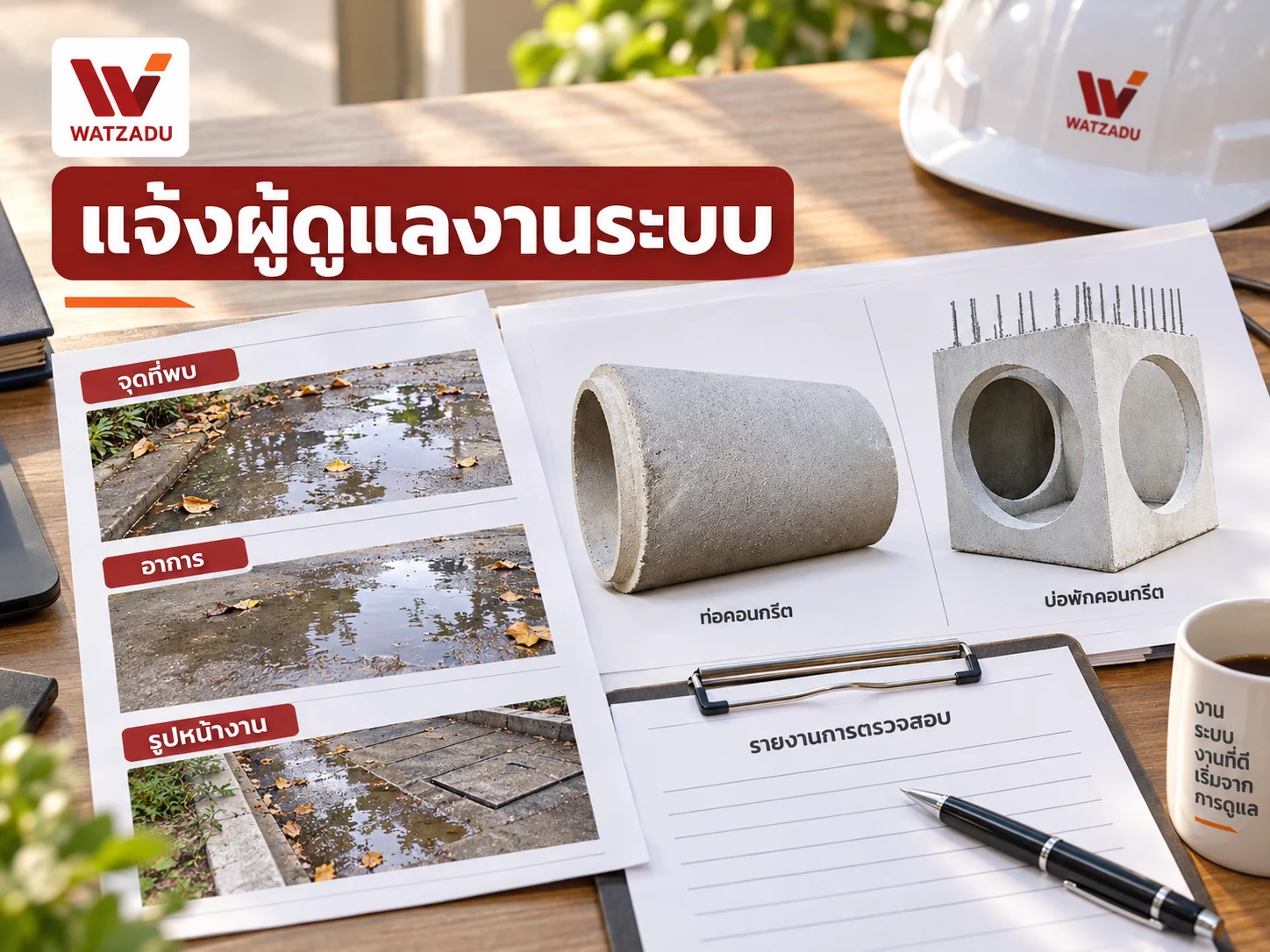 แจ้งผู้ดูแลงานระบบ — จุดที่พบ · อาการ · รูปหน้างาน