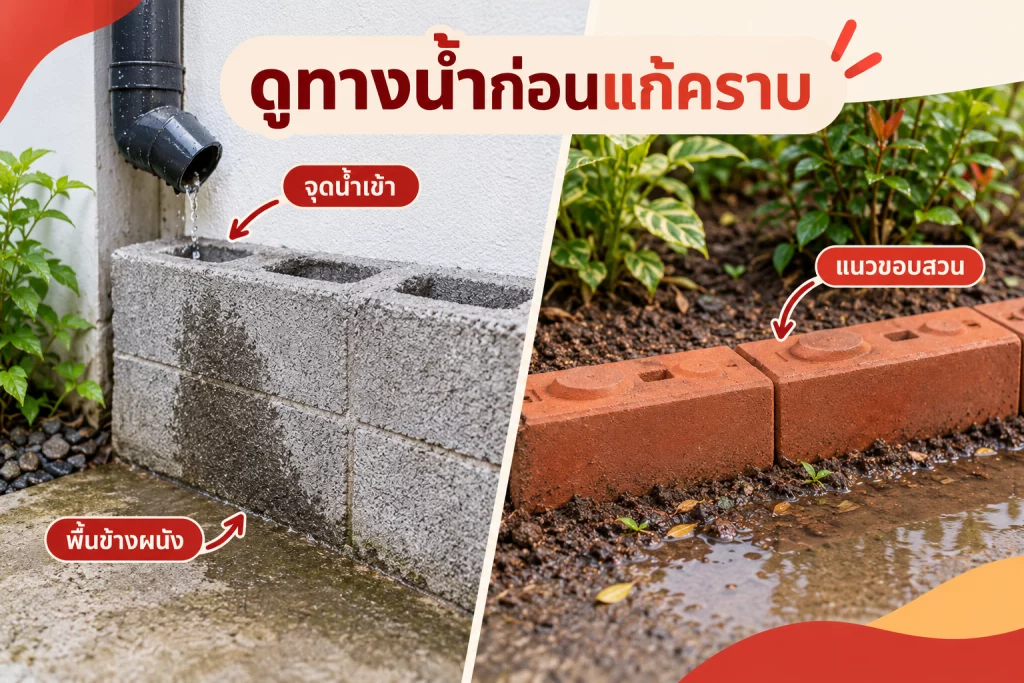ภาพจำลองจุดสังเกตน้ำเข้า พื้นข้างผนัง และขอบสวน