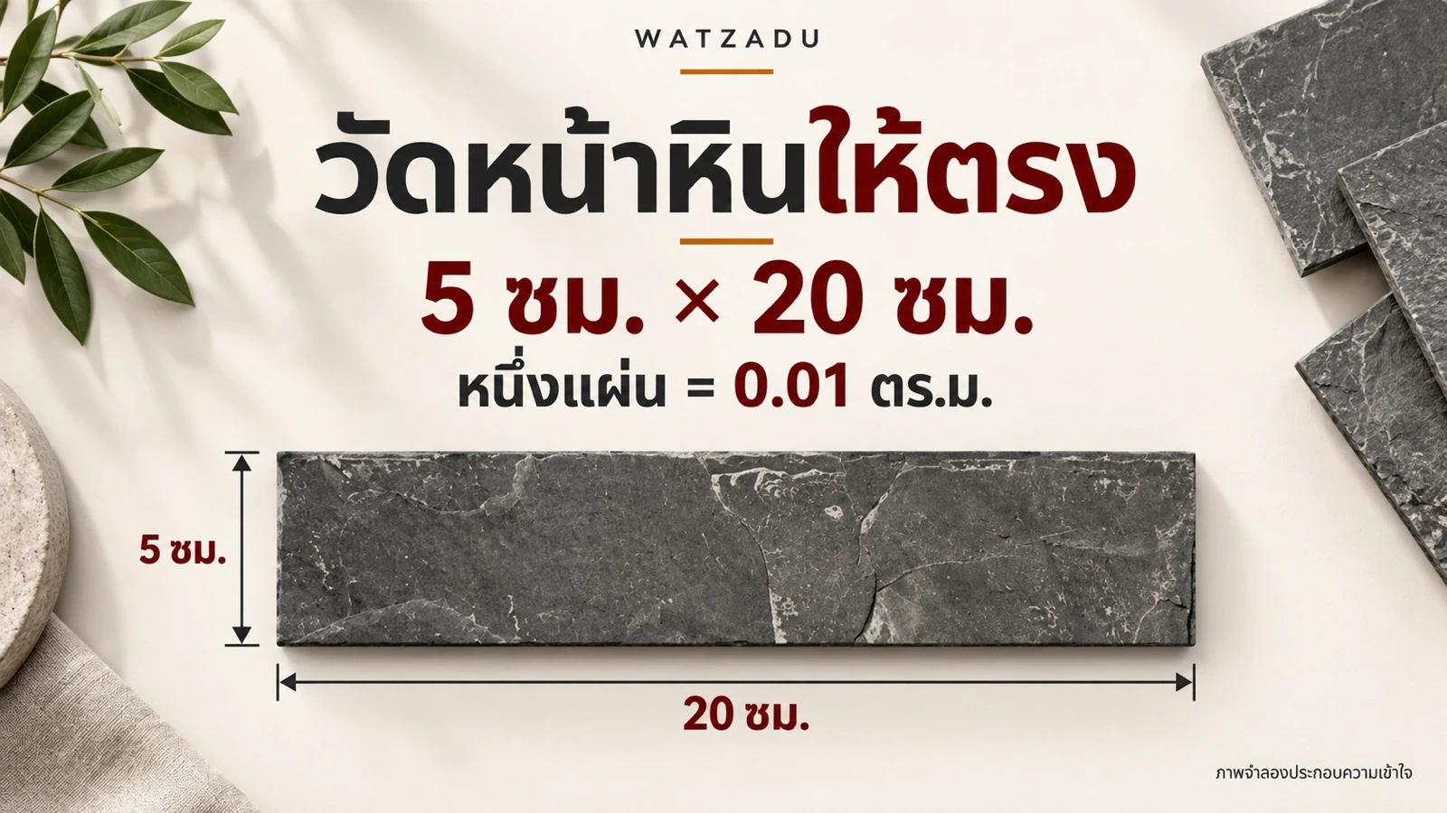 วัดหน้าหินให้ตรง — 5 ซม. × 20 ซม. — หนึ่งแผ่น = 0.01 ตร.ม.