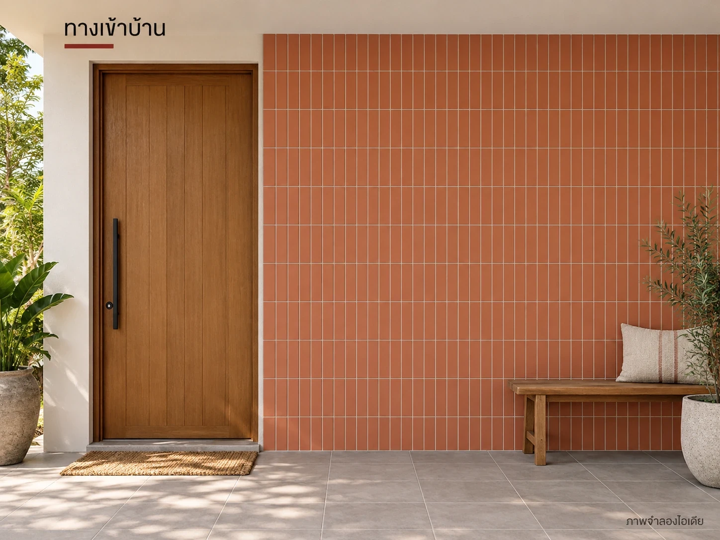 ทางเข้าบ้าน — พื้นเกรย์30×30 ซม. คู่ผนังไลท์เรด6×24 ซม. ใช้ในโถงแห้ง มีพรมดักฝุ่นและตรวจผิวที่เหมาะกับการเดินจริง