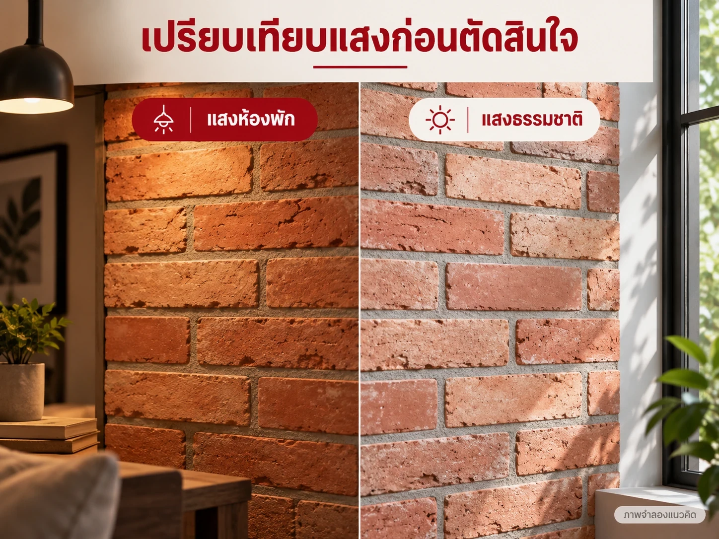ภาพเปรียบเทียบจำลองแสงธรรมชาติกับไฟห้องพัก สื่อผลทางภาพ ไม่ใช้ยืนยันสีหรือผลทดสอบสินค้า
