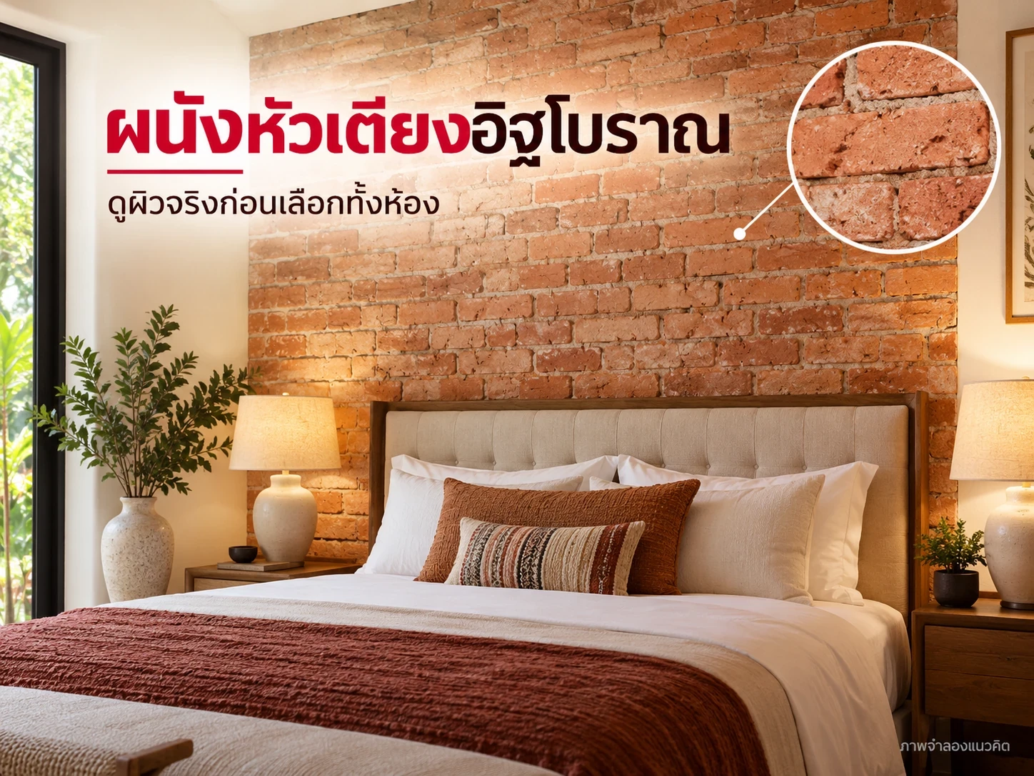 ผนังหัวเตียงจำลองจับคู่ไม้และผ้า ควรทดลองสี ผิว จุดยึด และไฟกับห้องตัวอย่างจริง