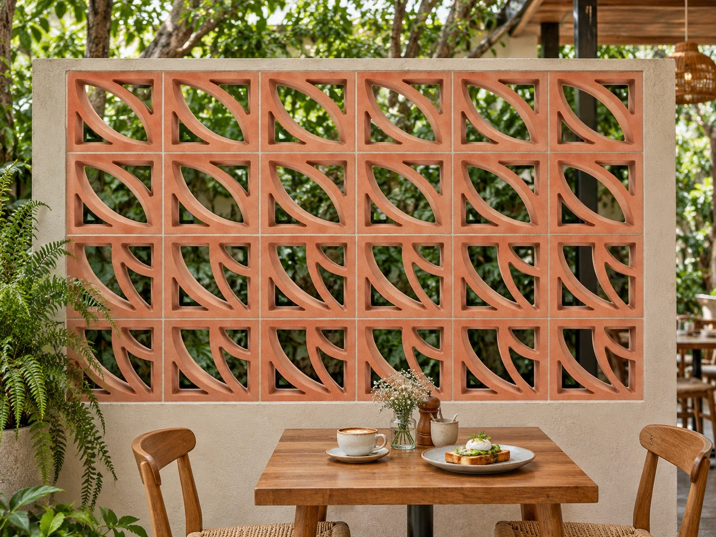 มุมคาเฟ่มุมเช้าในสวน ใช้อิฐแดงช่องลมลายบัตเตอร์ฟายและโรส ขนาด22×22×6.5ซม. บัตเตอร์ฟายด้านบนและโรสด้านล่าง