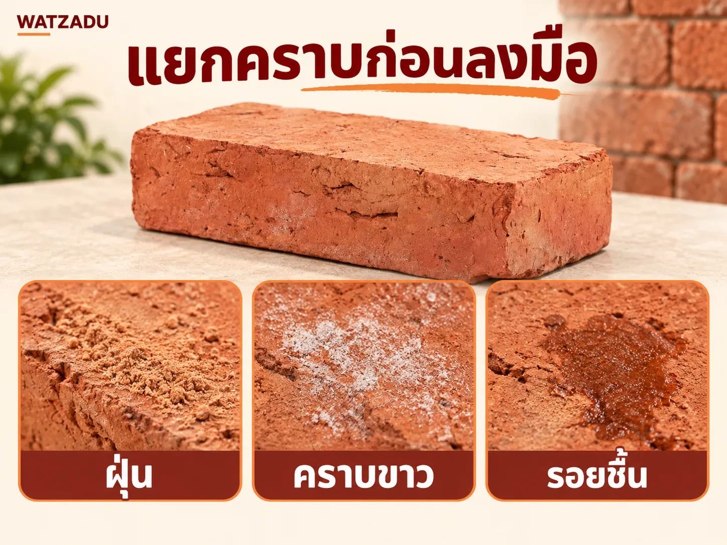 ภาพจำลองฝุ่น คราบขาวและรอยชื้นบนผิวอิฐโบราณ