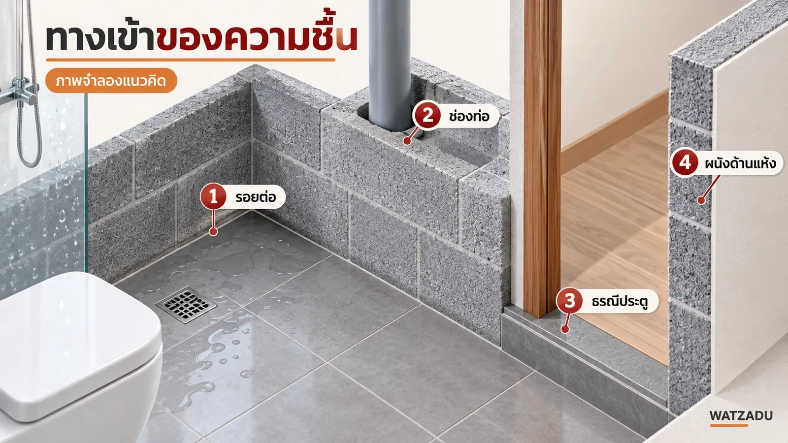 จุดตรวจความชื้นที่รอยต่อ ช่องท่อ ธรณีประตูและผนังด้านแห้ง