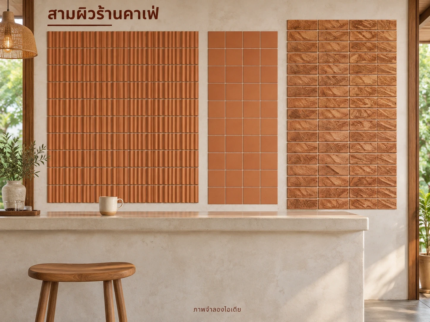 สามผิวร้านคาเฟ่ — คลื่นและสี่เหลี่ยม12×12 ซม. คู่ลายเส้น6×20 ซม. แยกเป็นแผงคนละตำแหน่ง ไม่บังคับให้ต่างขนาดเข้าร่องเดียวกัน เลือกผิวหลักหนึ่งแบบให้พื้นที่ดูชัด