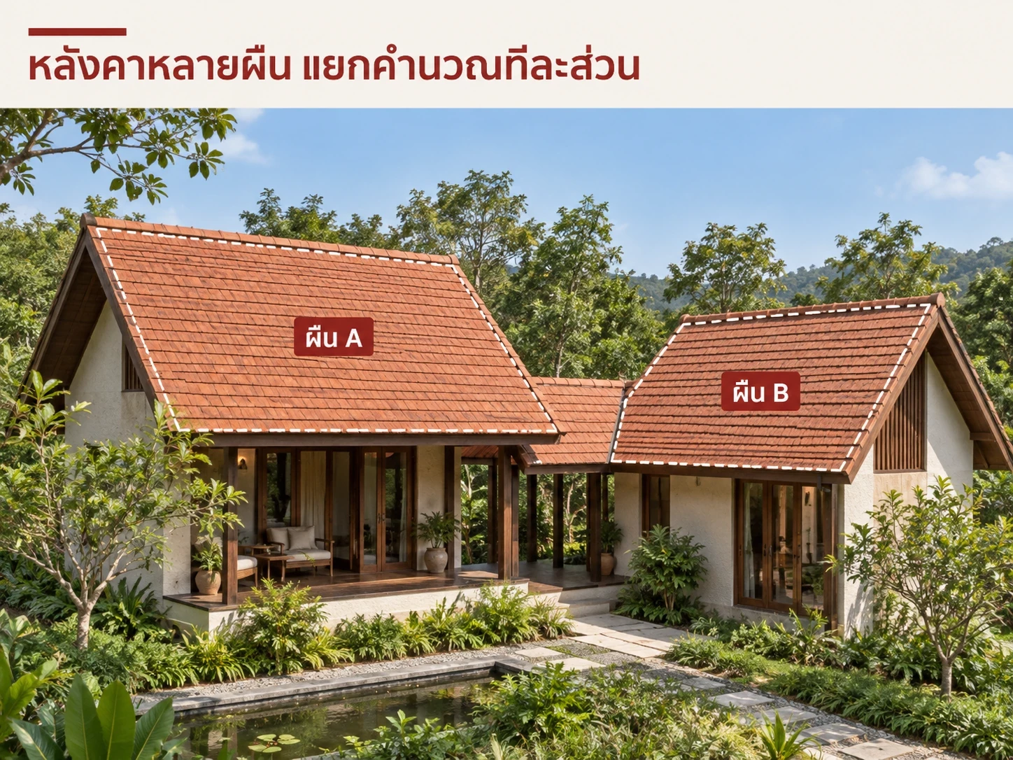 ภาพจำลองหลังคาหลายผืน: แยกผืน A และ B เพื่อไม่ตกหล่นชายคาหรือส่วนต่อเติม