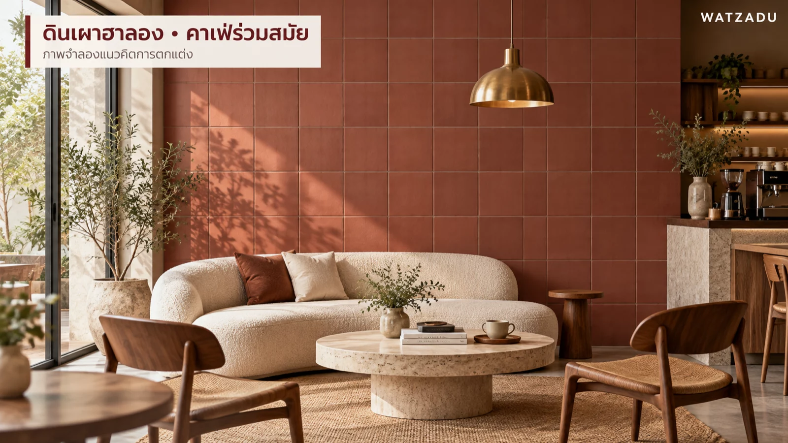 ภาพจำลองคาเฟ่ร่วมสมัยผนังกระเบื้องดินเผาฮาลองกับโซฟาสีครีม