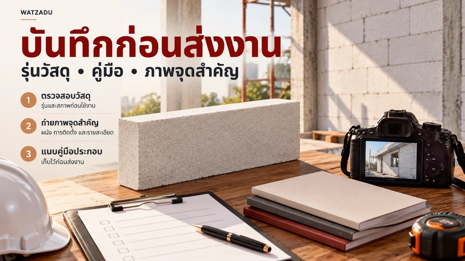 บันทึกก่อนส่งงาน — รุ่นวัสดุ • คู่มือ • ภาพจุดสำคัญ